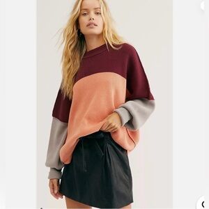 Free People Oversized Colorblock Knit Sweater Burgundy Peach Gray XS Boho Indie